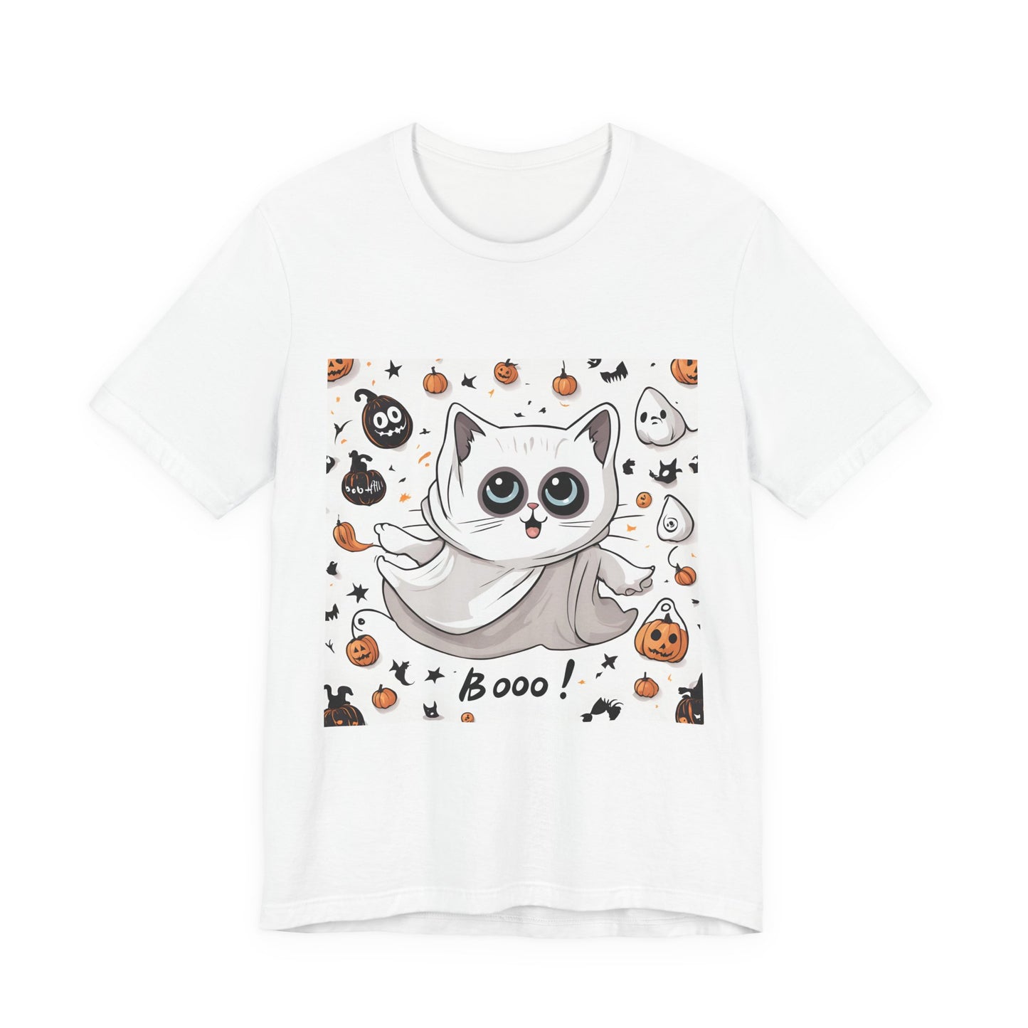 Cute Ghost Cat "Booo!" Graphic Shirt – Funny Halloween Cat Long Sleeve