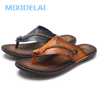 MIXIDELAI Men Sandals Summer Shoes Men Beach Sandals Brand Men Casual Shoes Flip Flops Leather Sneakers Men Slippers Size38-46