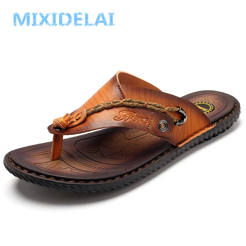 MIXIDELAI Men Sandals Summer Shoes Men Beach Sandals Brand Men Casual Shoes Flip Flops Leather Sneakers Men Slippers Size38-46