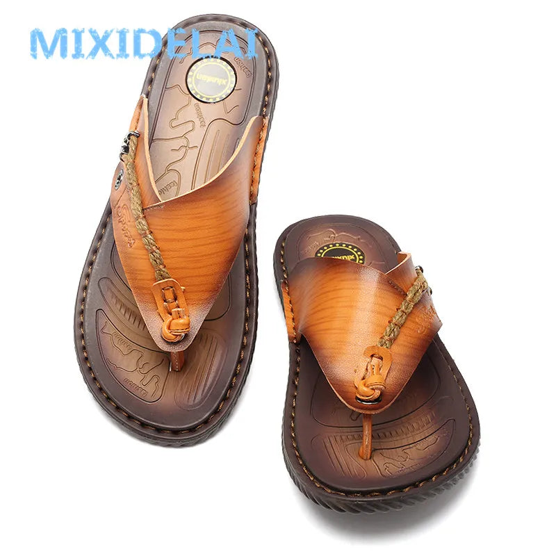 MIXIDELAI Men Sandals Summer Shoes Men Beach Sandals Brand Men Casual Shoes Flip Flops Leather Sneakers Men Slippers Size38-46
