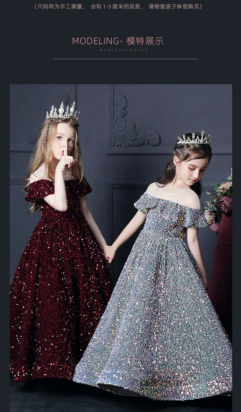 Girl's Western Style Evening Dress Flower Girl Sequined Catwalk Host Piano Performance Princess Dress