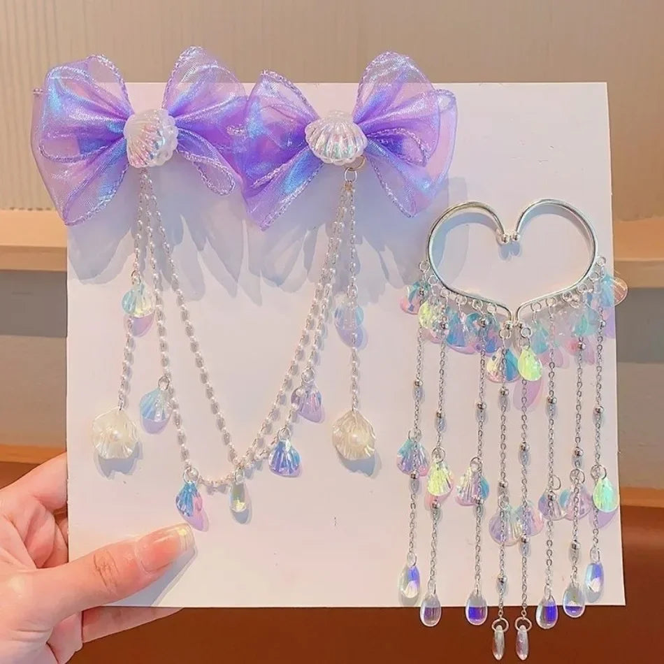 Baby Girls Cute Mermaid Princess Pearl Tassel Bow Forehead Chain Hair Clip Children Hair Accessories Girls Super Hair Clip TM04