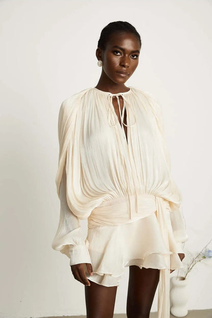 Dresses For Woman French Vestidos Elegant Puff Sleeve Dress Fashionable Loose Lace-up Solid Color Leace-up Simple Style Trendy