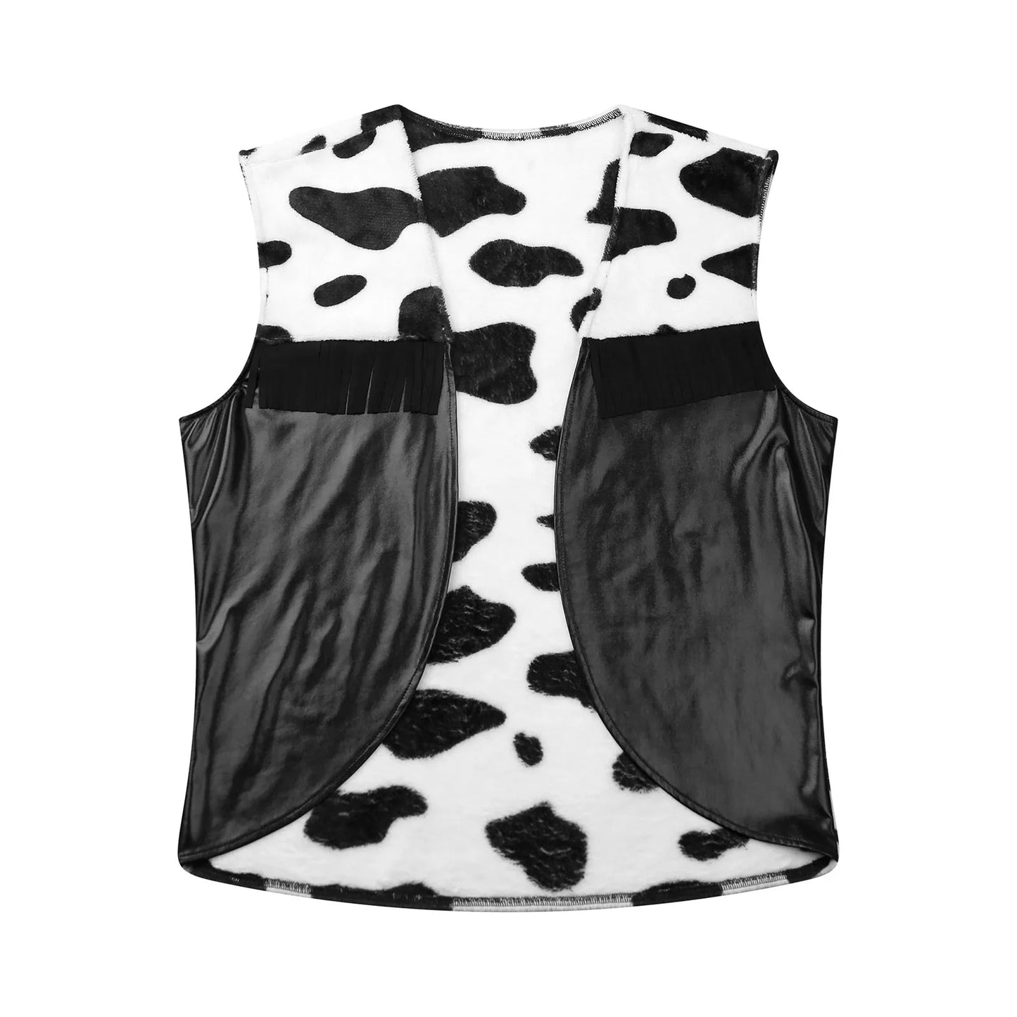 Men Western Cowboy Costume Cow Print Vest Flannel Metallic Cardigan Open Front Tassel Waistcoat Halloween Cosplay Party Dress Up