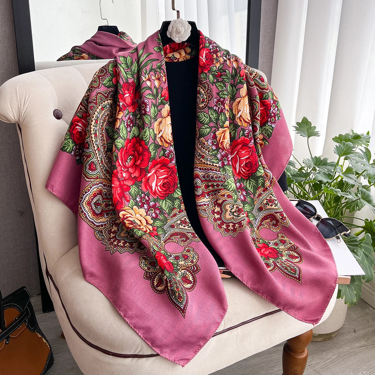 Women Russian Floral Scarf Ethnic Style Square Bandana Head Scarves Ladies Handkerchief Headband Silk Scarf Hair Wraps 2025