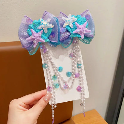 Baby Girls Cute Mermaid Princess Pearl Tassel Bow Forehead Chain Hair Clip Children Hair Accessories Girls Super Hair Clip TM04