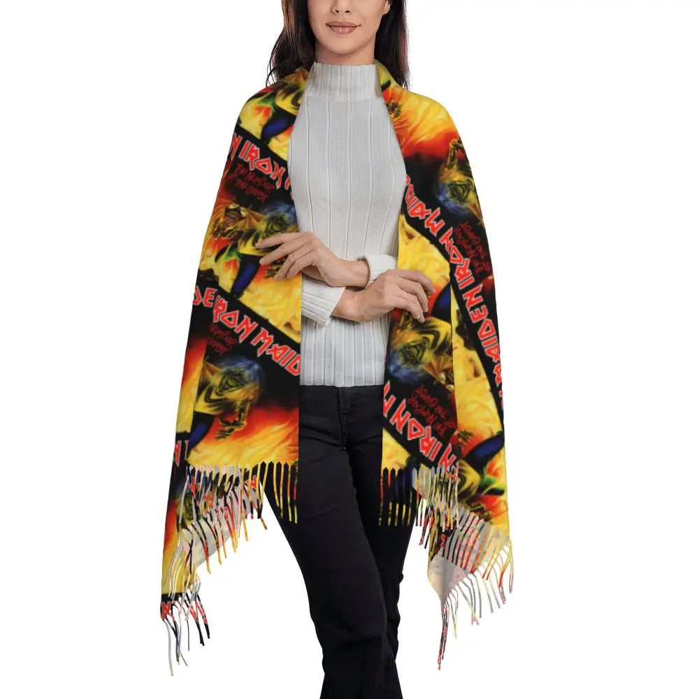 Custom Female Large British Heavy Metal Rock Iron Maidens Scarves Women Winter Soft Warm Tassel Shawl Wraps Scarf