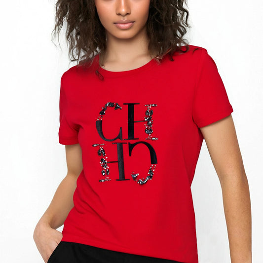 CHCH Women's T-shirt 2025 New Hand Embroidered Heavy Industry Casual Top Simple Round Neck Short Sleeve Women's Clothing