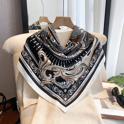 90*90cm Silk Scarves Women Print Twill Square Head Hijab Ladies Luxury Shawl Bandanna Female Muffler Chiffen Wrap Foulard Ribbon