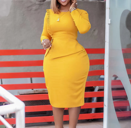 Elegant Office Dresses for Women 2024 Spring Solid Color Long Sleeve Round Neck High Waist Wrap Hip Midi Skinny Bodycon Skirt