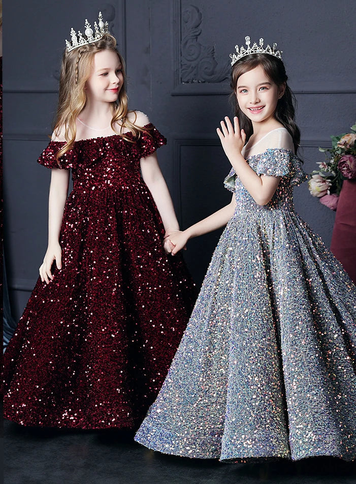 Girl's Western Style Evening Dress Flower Girl Sequined Catwalk Host Piano Performance Princess Dress