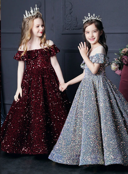 Girl's Western Style Evening Dress Flower Girl Sequined Catwalk Host Piano Performance Princess Dress