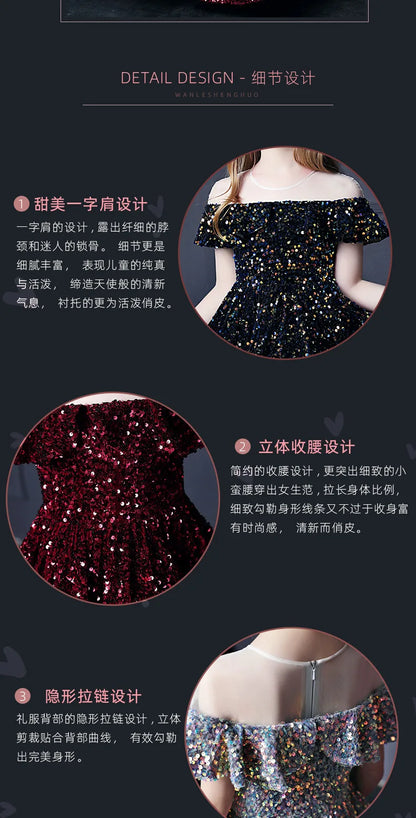 Girl's Western Style Evening Dress Flower Girl Sequined Catwalk Host Piano Performance Princess Dress