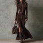 Women's Western Shirt Dress Ruched Wrap Maxi Dress High Slit Ruffle Hem Long Sleeve Flowy Chic Elegant Outing Dress