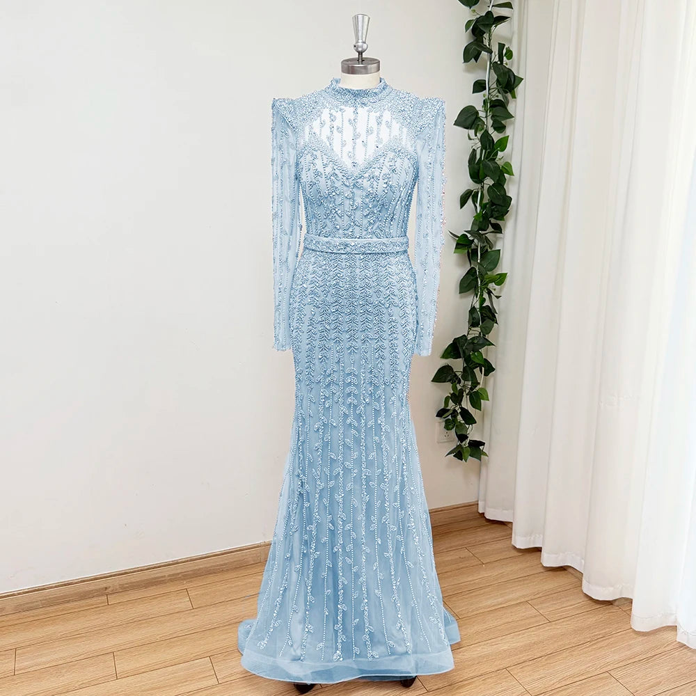 Luxury Dubai Long Sleeves Evening Dress for Women 2025 Elegant High Neck Beads Mermaid Formal Wedding Prom Party Gown Customized
