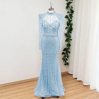 Luxury Dubai Long Sleeves Evening Dress for Women 2025 Elegant High Neck Beads Mermaid Formal Wedding Prom Party Gown Customized