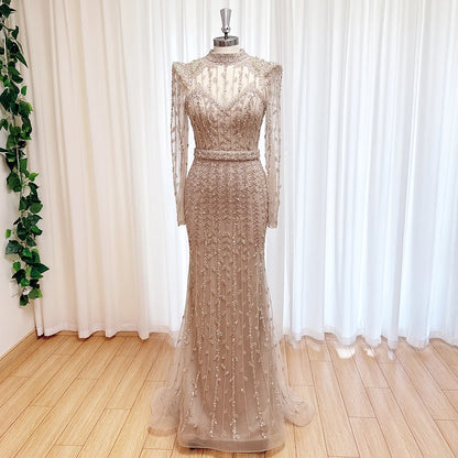 Luxury Dubai Long Sleeves Evening Dress for Women 2025 Elegant High Neck Beads Mermaid Formal Wedding Prom Party Gown Customized