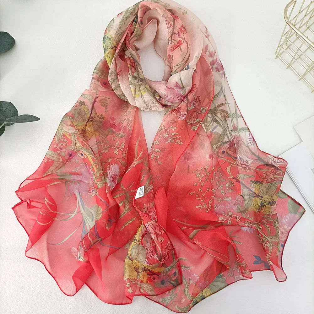 Women Elegant Chiffon Silk Scarves Fashion Versatile Flower Wraps Summer Beach Sunscreen Thin Scarf Georgette Bandana Hijab