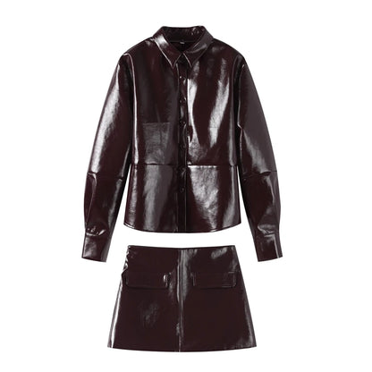 Fashion Women PU Skirt Set Casual Single Breasted Long Sleeve Female Jacket Hip Package Short Skirts Suit 2024 Lady Streetwear