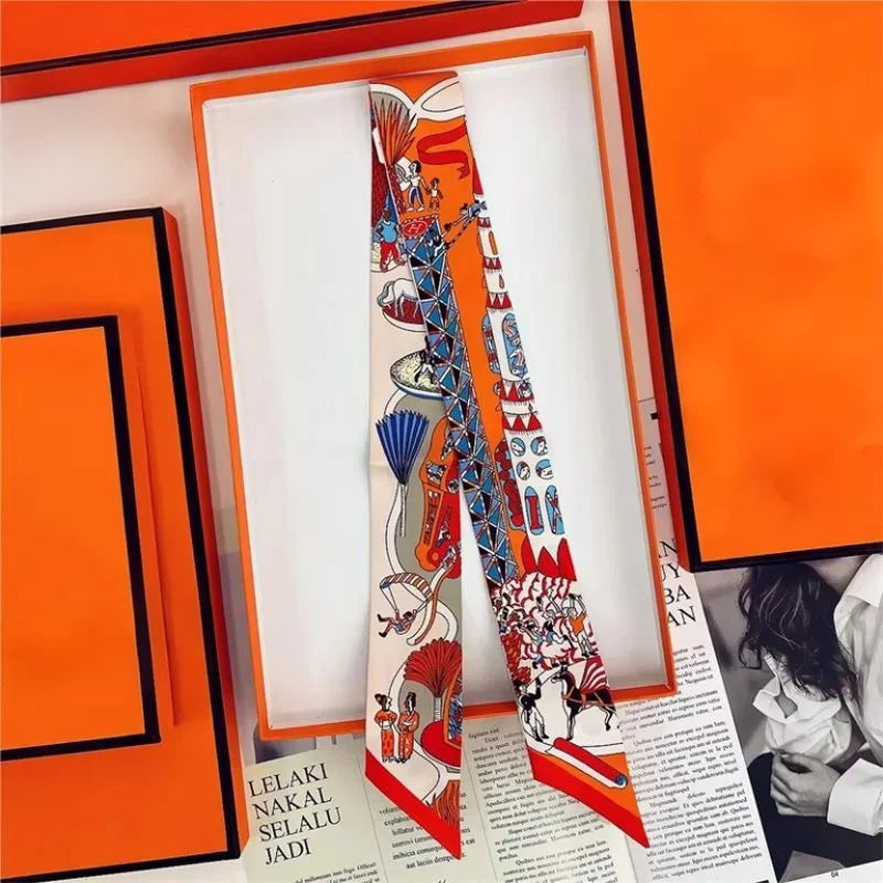 100% Silk High Quality Luxury Brand Goods Scarf Women Headband Foulard Tie Ribbon Neckerchief Skinny Scarves Hair Accessories