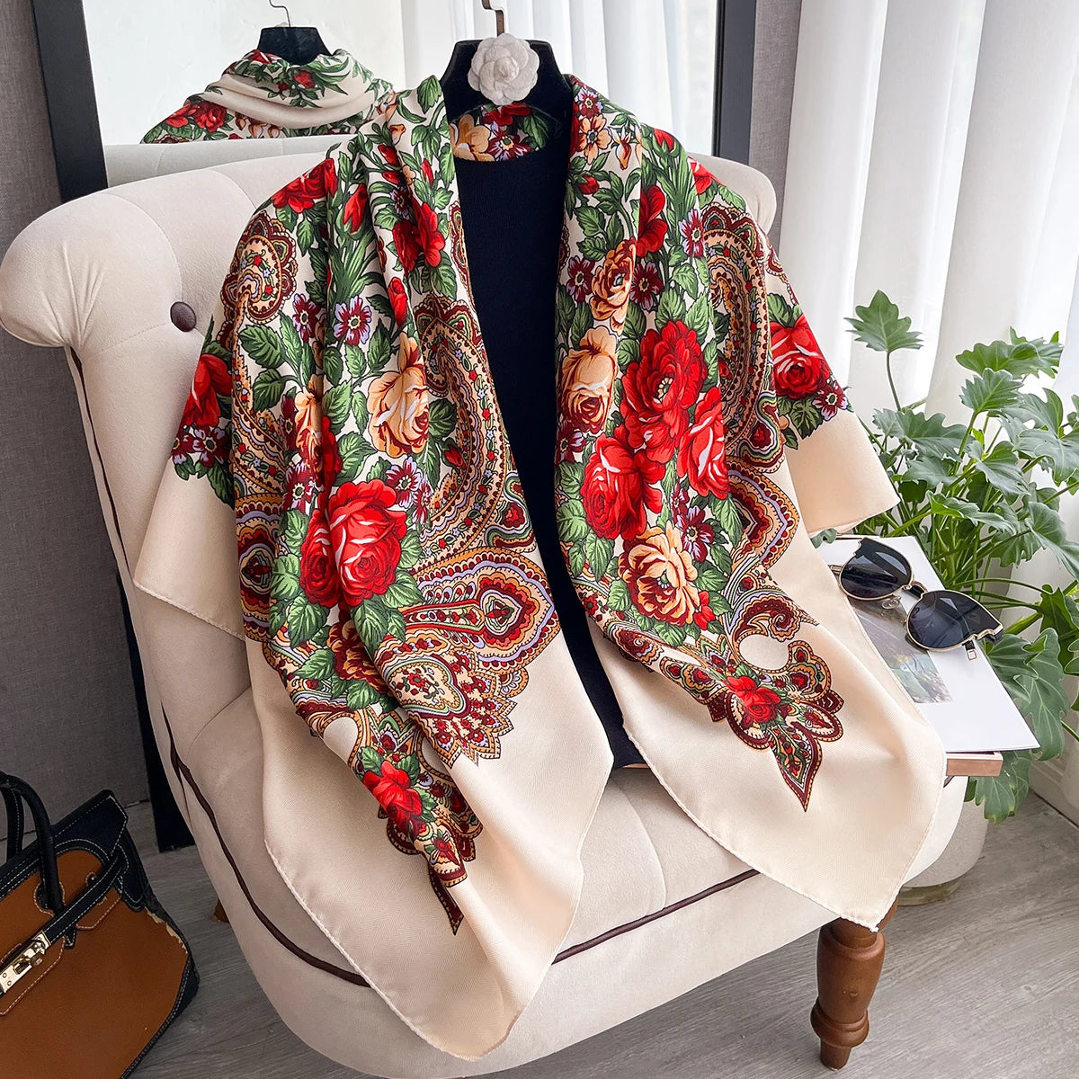 Women Russian Floral Scarf Ethnic Style Square Bandana Head Scarves Ladies Handkerchief Headband Silk Scarf Hair Wraps 2025