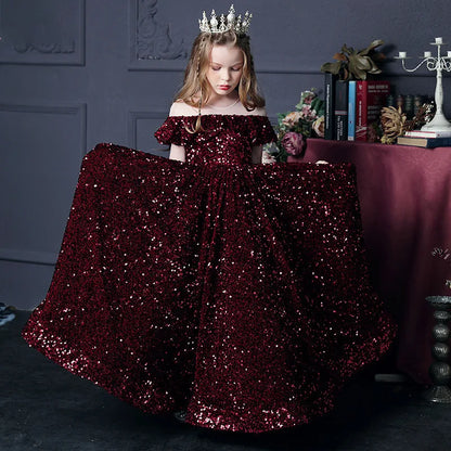 Girl's Western Style Evening Dress Flower Girl Sequined Catwalk Host Piano Performance Princess Dress