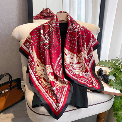 90*90cm Silk Scarves Women Print Twill Square Head Hijab Ladies Luxury Shawl Bandanna Female Muffler Chiffen Wrap Foulard Ribbon