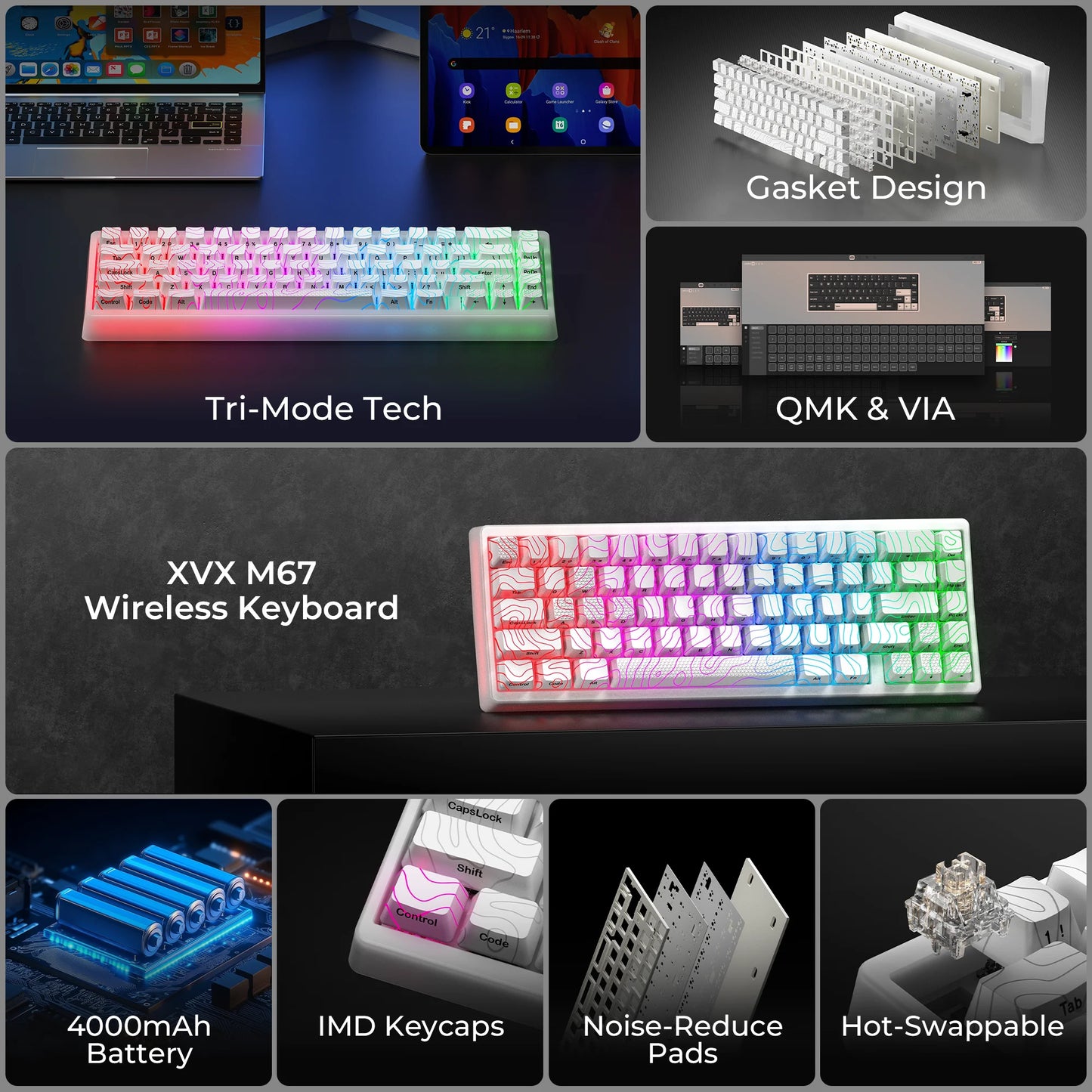 XVX M67 JadeStone Black Wireless Mechanical Keyboard With IMD-Tech Keycaps Tri-Mode Tech Topographic Keyboard Gasket Design
