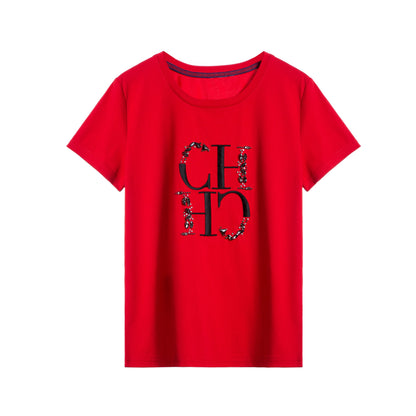 CHCH Women's T-shirt 2025 New Hand Embroidered Heavy Industry Casual Top Simple Round Neck Short Sleeve Women's Clothing
