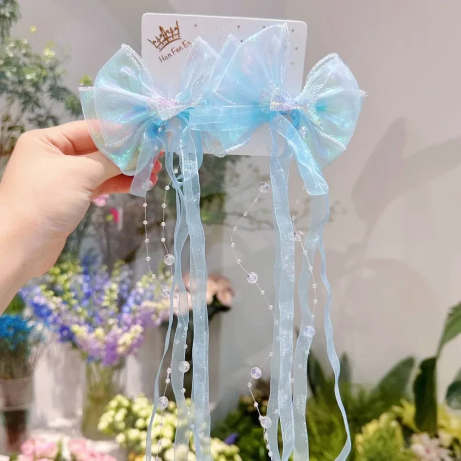 Baby Girls Cute Mermaid Princess Pearl Tassel Bow Forehead Chain Hair Clip Children Hair Accessories Girls Super Hair Clip TM04