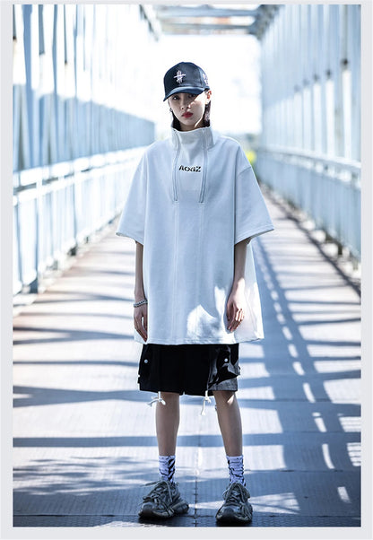 Techwear Turtleneck T-Shirt Men Hip Hop Spring Summer Harajuku Tshirt Loose Short Sleeve Tops Tees Shirts Streetwear