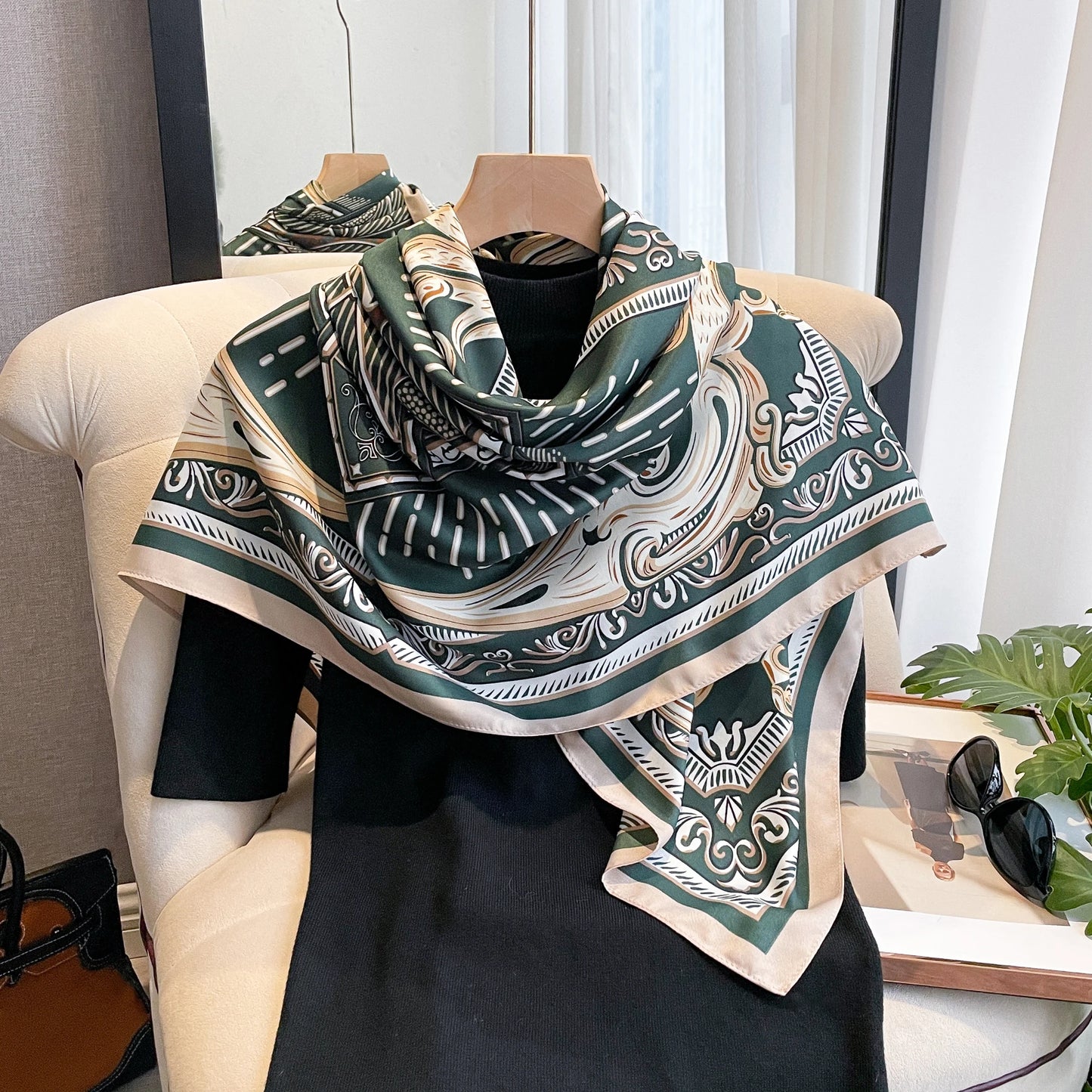 90*90cm Silk Scarves Women Print Twill Square Head Hijab Ladies Luxury Shawl Bandanna Female Muffler Chiffen Wrap Foulard Ribbon
