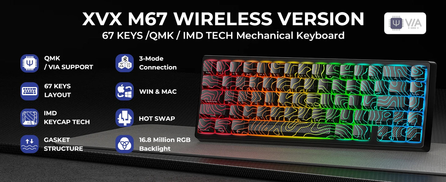 XVX M67 JadeStone Black Wireless Mechanical Keyboard With IMD-Tech Keycaps Tri-Mode Tech Topographic Keyboard Gasket Design
