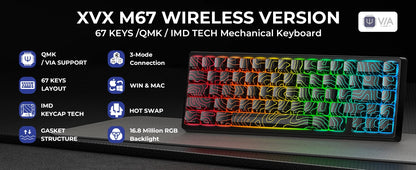XVX M67 JadeStone Black Wireless Mechanical Keyboard With IMD-Tech Keycaps Tri-Mode Tech Topographic Keyboard Gasket Design