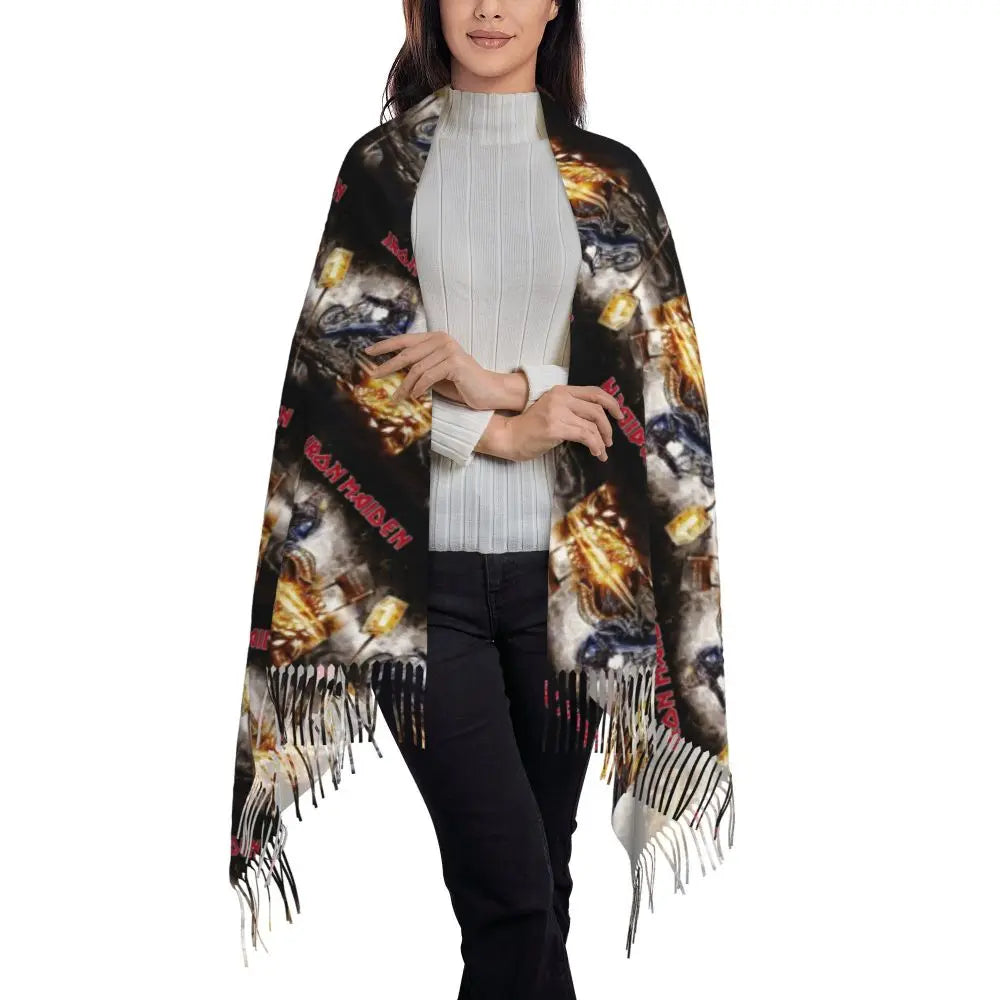 Custom Female Large British Heavy Metal Rock Iron Maidens Scarves Women Winter Soft Warm Tassel Shawl Wraps Scarf