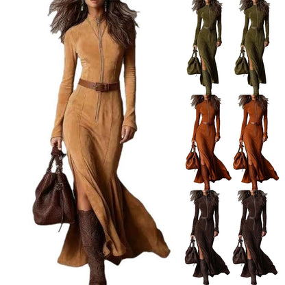 Women's Western Shirt Dress Ruched Wrap Maxi Dress High Slit Ruffle Hem Long Sleeve Flowy Chic Elegant Outing Dress