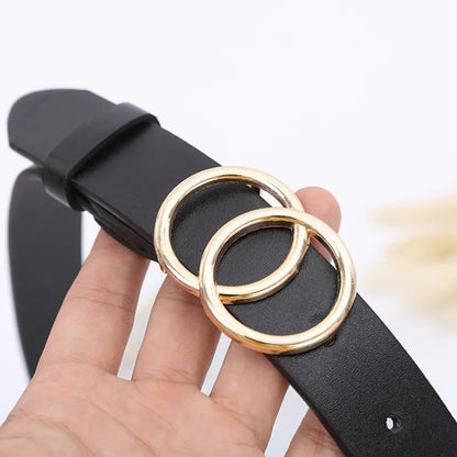 Double Ring Belts for Women Fashion Dress Jeans Belt PU Leather Metal Buckle Round Black Waist Belts Lady Girl Leisure Waistband