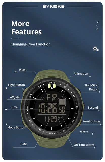 SYNOKE Outdoor Military Digital Watch For Men Fashion Retro Men Watch Sports Waterproof Men Watch Multifunctional Handsome Men