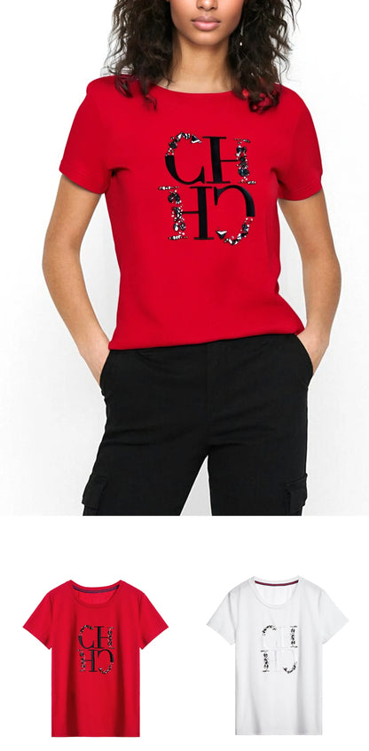 CHCH Women's T-shirt 2025 New Hand Embroidered Heavy Industry Casual Top Simple Round Neck Short Sleeve Women's Clothing