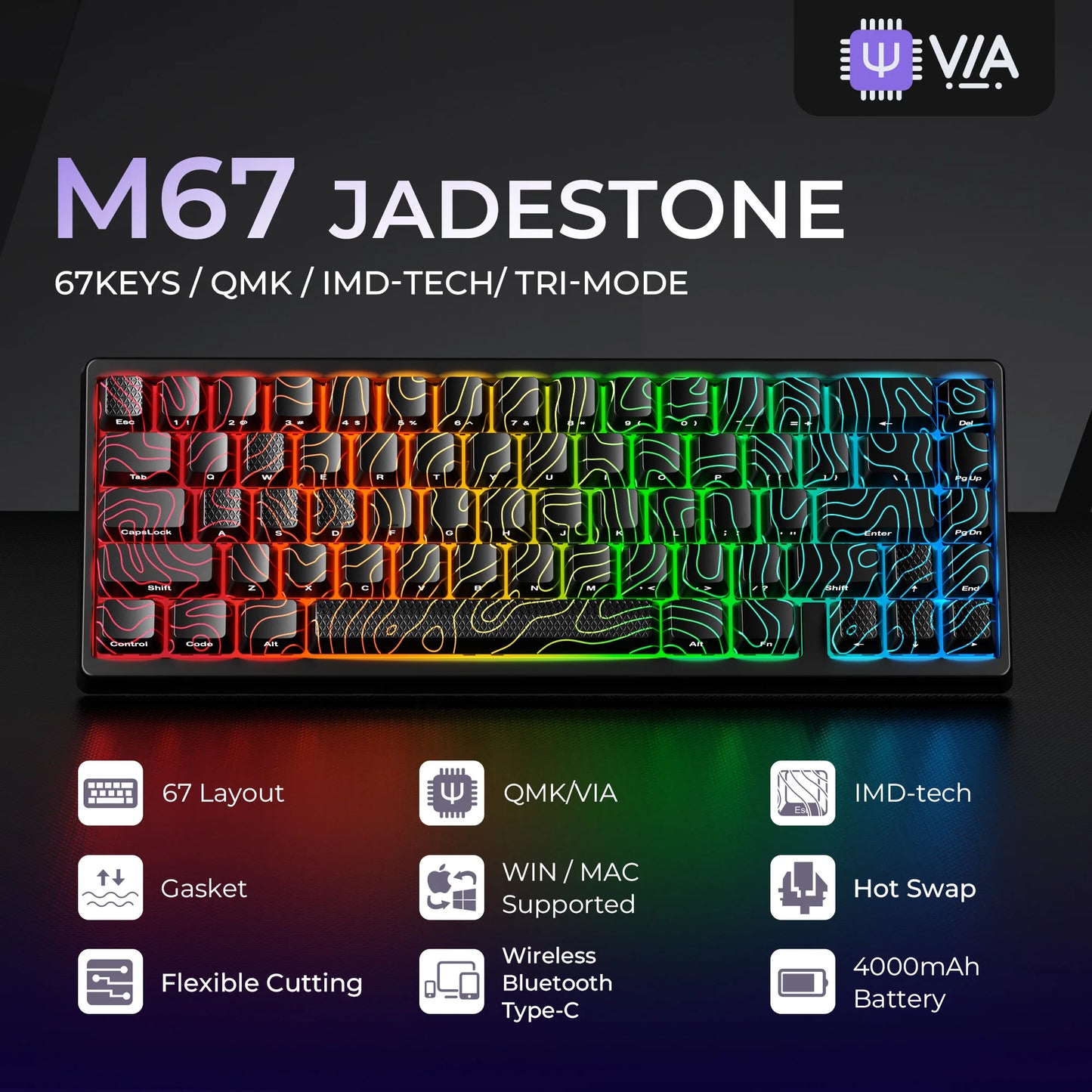 XVX M67 JadeStone Black Wireless Mechanical Keyboard With IMD-Tech Keycaps Tri-Mode Tech Topographic Keyboard Gasket Design