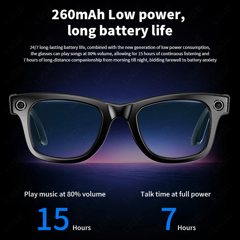 LIGE AI Smart Glasses with Camera Sunglasses 800W Camera Video Recorder Wireless Bluetooth Call Anti-blue Glasses for Man Women
