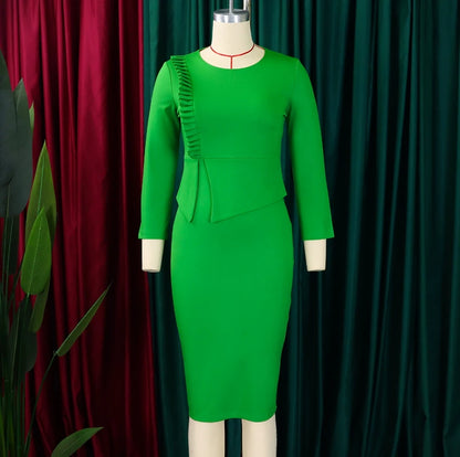 Elegant Office Dresses for Women 2024 Spring Solid Color Long Sleeve Round Neck High Waist Wrap Hip Midi Skinny Bodycon Skirt