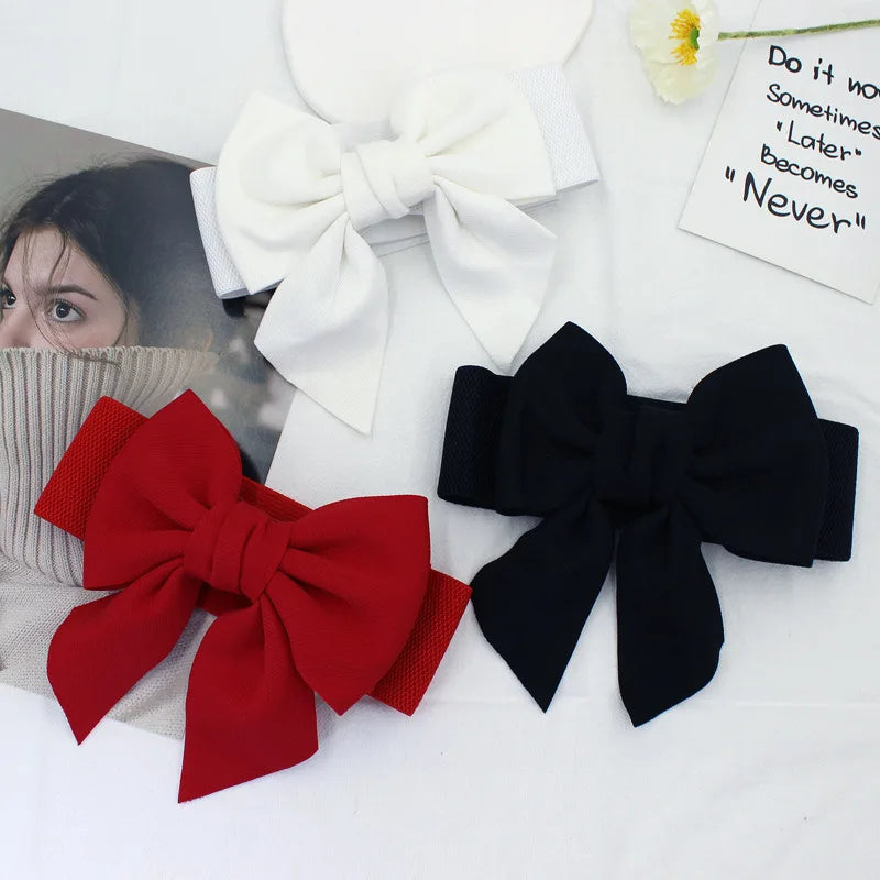 1PC New Fashion Elegant Large Bow Elastic Belts for Women Wide Side Belt Dress Female Jeans Waistband Trouser Accessory