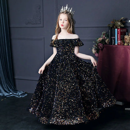 Girl's Western Style Evening Dress Flower Girl Sequined Catwalk Host Piano Performance Princess Dress