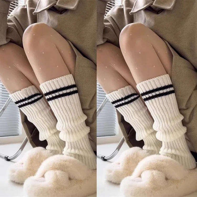 Autum Lolita Striped Leg Warmers Socks Female Knitted Warm Foot Cover Women Warmer Lady Autumn Crochet Heap Socks Boot Cuffs