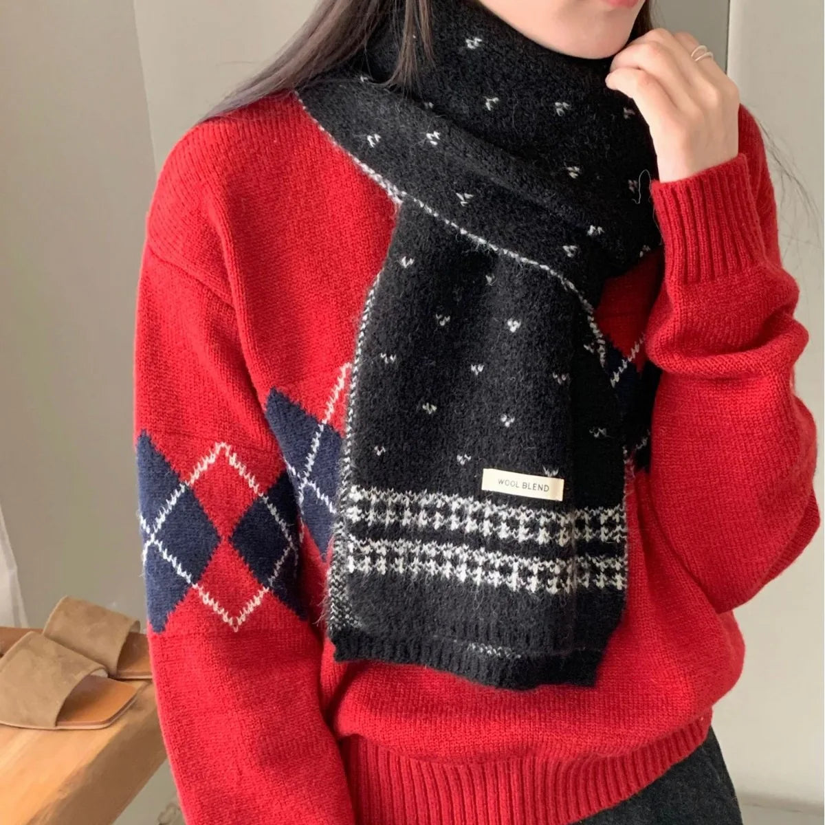 Women's Scarves Korean Retro Fair Island Simple Sweet Versatile Kawaii Wool Winter Thicked Warmth Comfortable High Quality Scarf