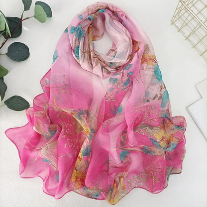 Women Elegant Chiffon Silk Scarves Fashion Versatile Flower Wraps Summer Beach Sunscreen Thin Scarf Georgette Bandana Hijab