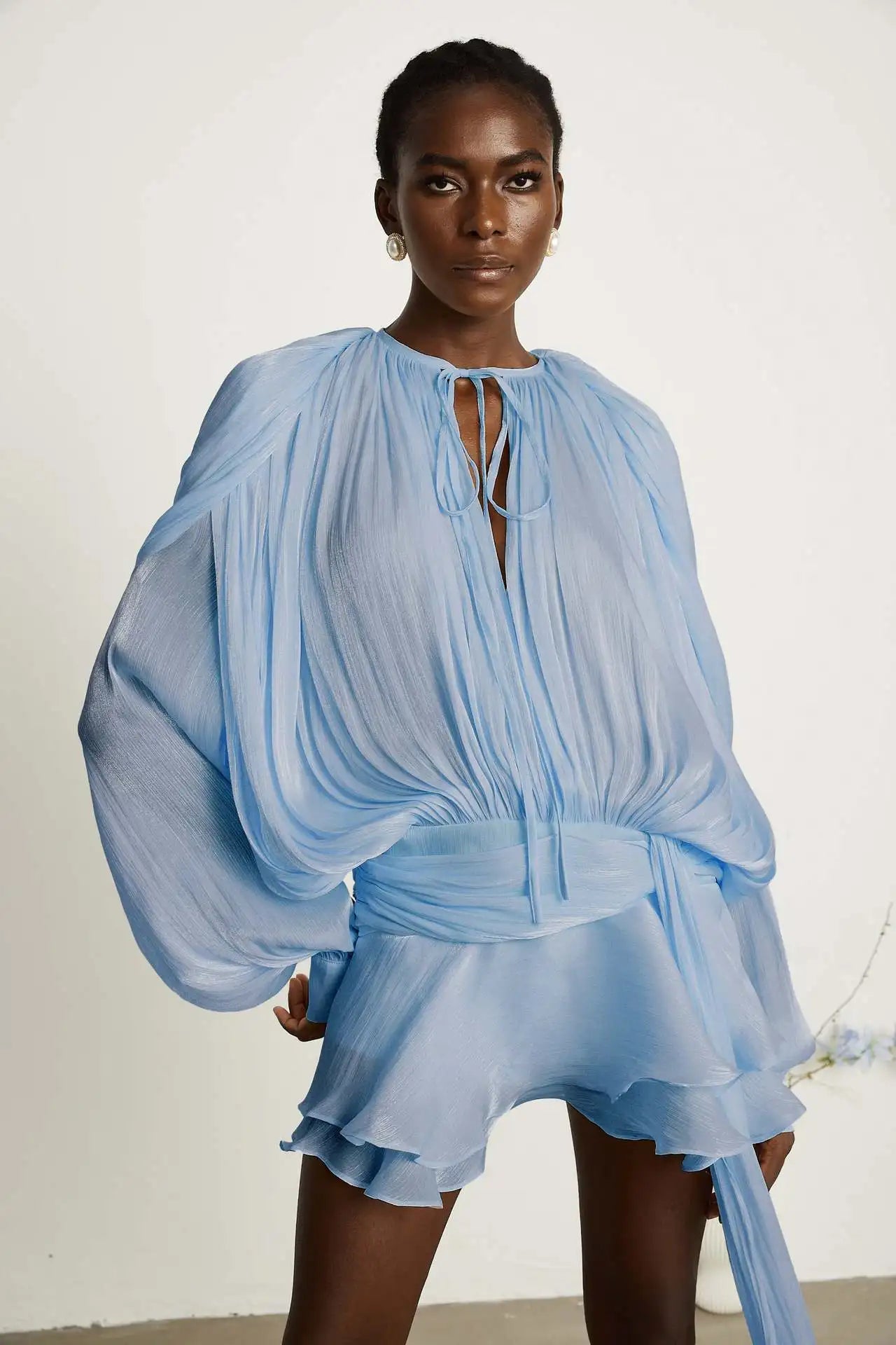 Dresses For Woman French Vestidos Elegant Puff Sleeve Dress Fashionable Loose Lace-up Solid Color Leace-up Simple Style Trendy