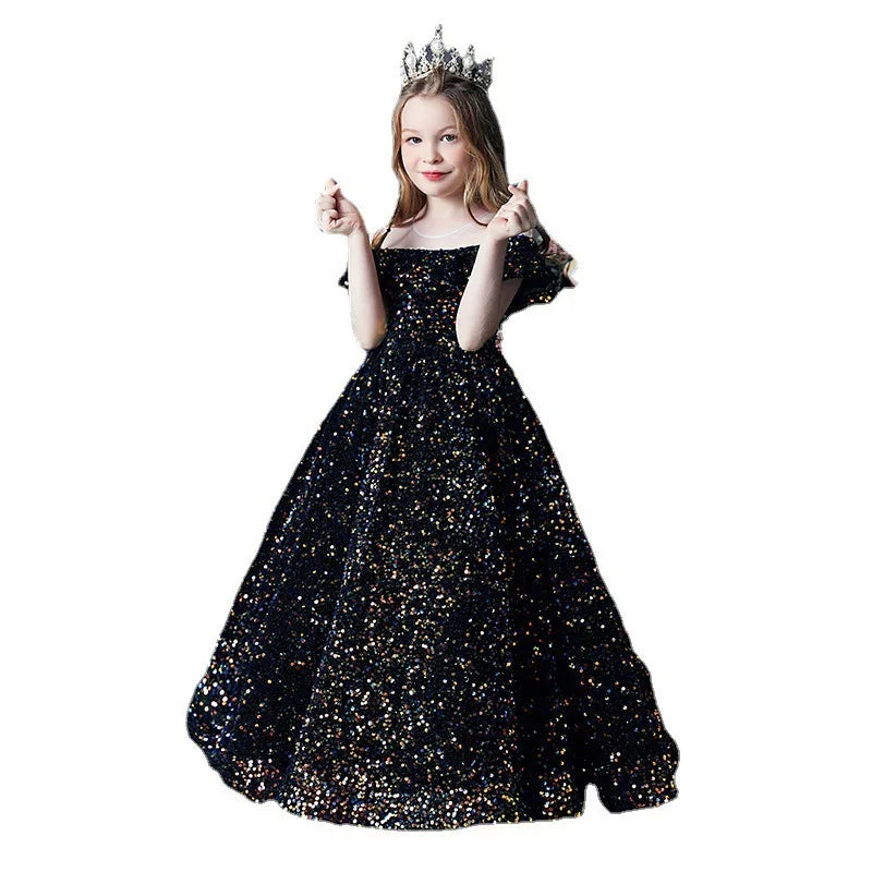 Girl's Western Style Evening Dress Flower Girl Sequined Catwalk Host Piano Performance Princess Dress