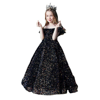 Girl's Western Style Evening Dress Flower Girl Sequined Catwalk Host Piano Performance Princess Dress